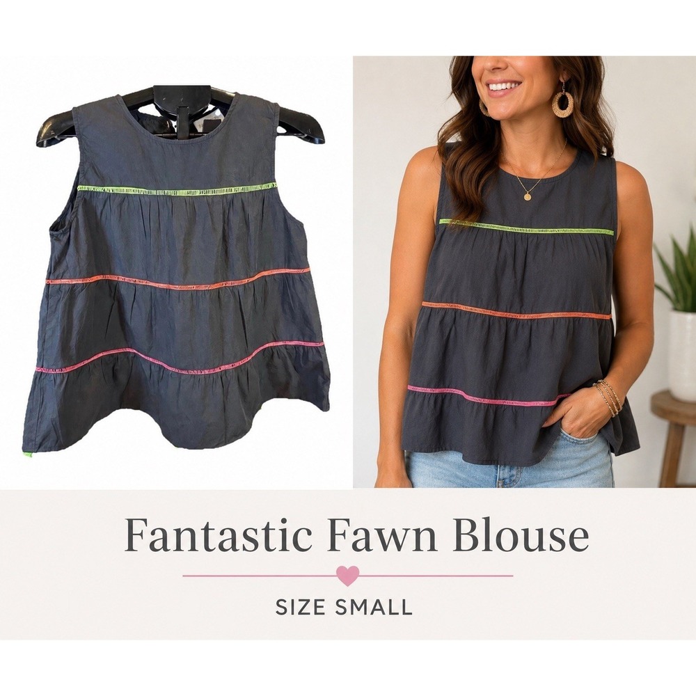 Fantastic Fawn Boutique Black Tiered Blouse Neon Trim Small Festival Boho Fiesta